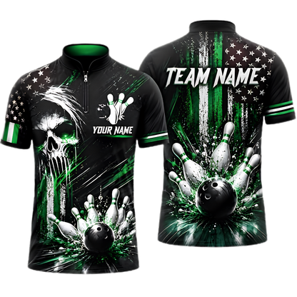 Custom Skull USA Flag Mens Bowling Jersey Black Red, Custom Skull Team Bowling Shirt BZ0954