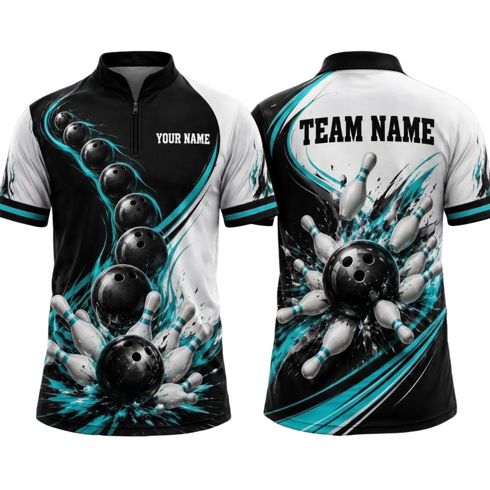 Custom Team Blue Black White Bowling Jersey For Men, Custom Bowling Shirt BE0242