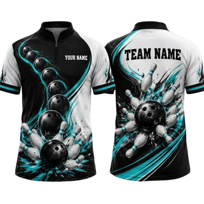 Custom Team Blue Black White Bowling Jersey For Men, Custom Bowling Shirt BE0242