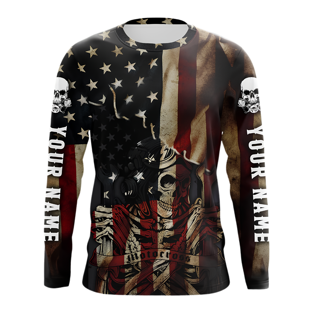 Custom Name USA Flag Skull Men's Dirt Bike Long Sleeve Jersey, Custom Patriotic Dirt Bike Shirts MZ0136