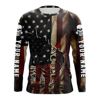 Custom Name USA Flag Skull Men's Dirt Bike Long Sleeve Jersey, Custom Patriotic Dirt Bike Shirts MZ0136