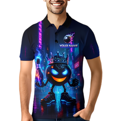 Neon Flame King Ball Custom Mens Bowling Polo Shirt, Custom Flame Bowling Shirts For Team BZ0881