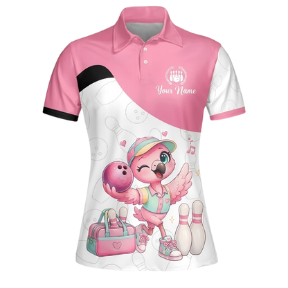 Funny Flamingo Custom Womens Bowling Polo Shirt, Custom Flamingo Bowling Team Shirt Ladies BZ0950