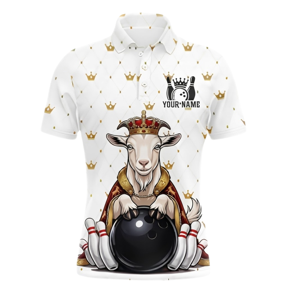 Custom Goat King Men's White Bowling Polo Shirt, Custom Goat Bowling Team Shirt BZ1007