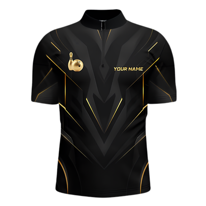 Custom Black Gold Bowling Jersey For Men, Custom Team Bowling Shirt BZ0883