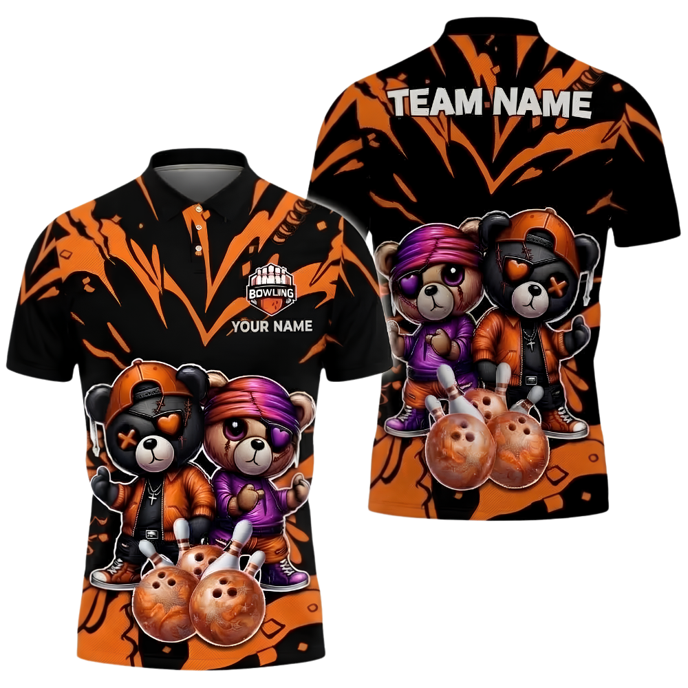 Teddy Bear Couple Custom Bowling Polo Shirt, Custom Bear Bowling Team Shirts BZ1025