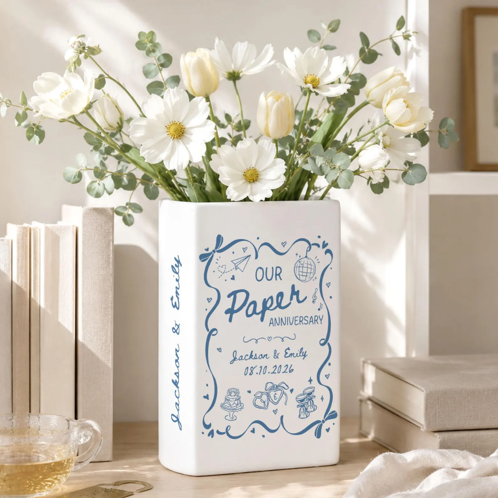 Our Paper Anniversary Custom Ceramic Book Vase For Couple, Custom First Wedding Anniversary Book Vase WD0643