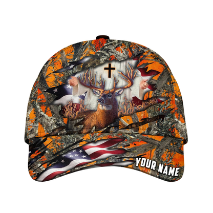 Deer Hunting Custom Cross American Flag Baseball Cap, Custom Christian Deer Cap Hat For Hunter CP0555