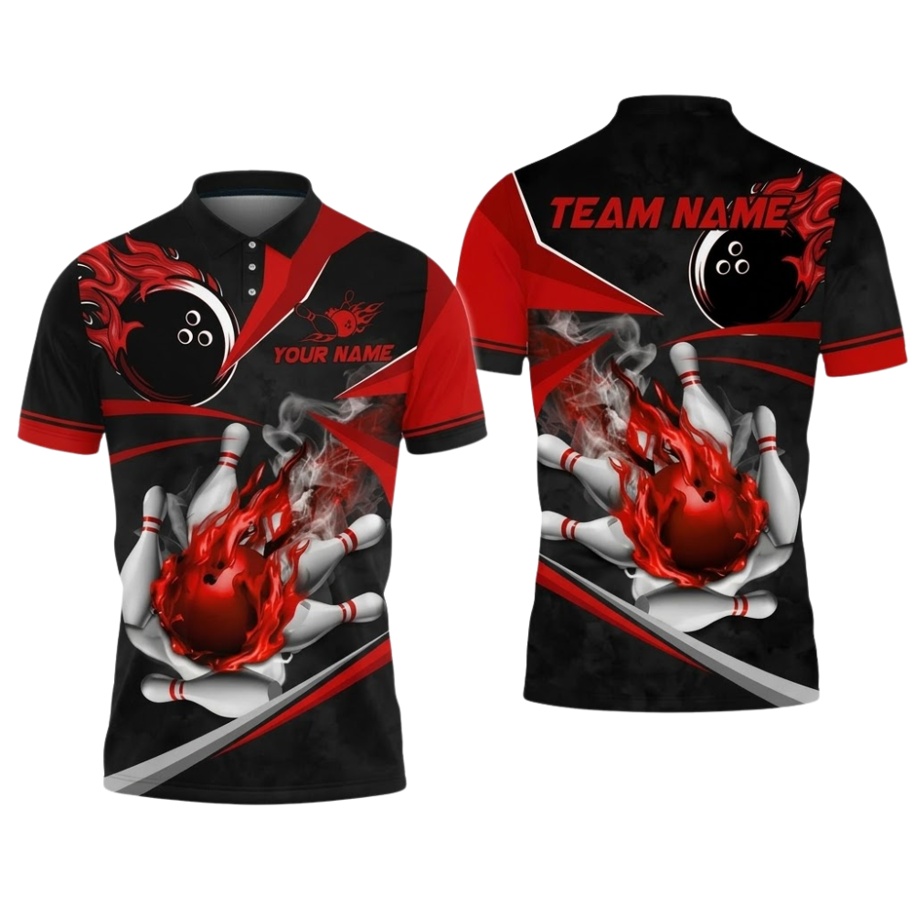 Custom Gold Flaming Ball Bowling Polo Shirt Men, Custom Team Flame Bowling Shirt BZ0897