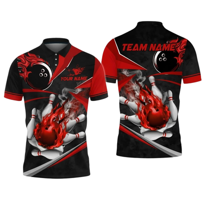 Custom Gold Flaming Ball Bowling Polo Shirt Men, Custom Team Flame Bowling Shirt BZ0897