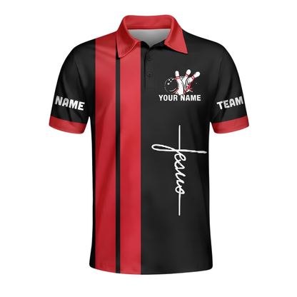 Rollin With Jesus Custom Mens Cross Bowling Polo Shirt Red Black, Custom Christian Bowling Team Shirts BZ1033