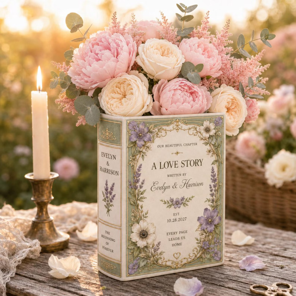Personalized Vintage Floral Wedding Ceramic Book Vase, Personalized Wedding Book Vase WD0610