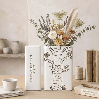 Custom Couple Initials In Heart Tree Wedding Ceramic Book Vase, Custom Book Vase For Wedding Newlyweds Engagement Anniversary WD0631
