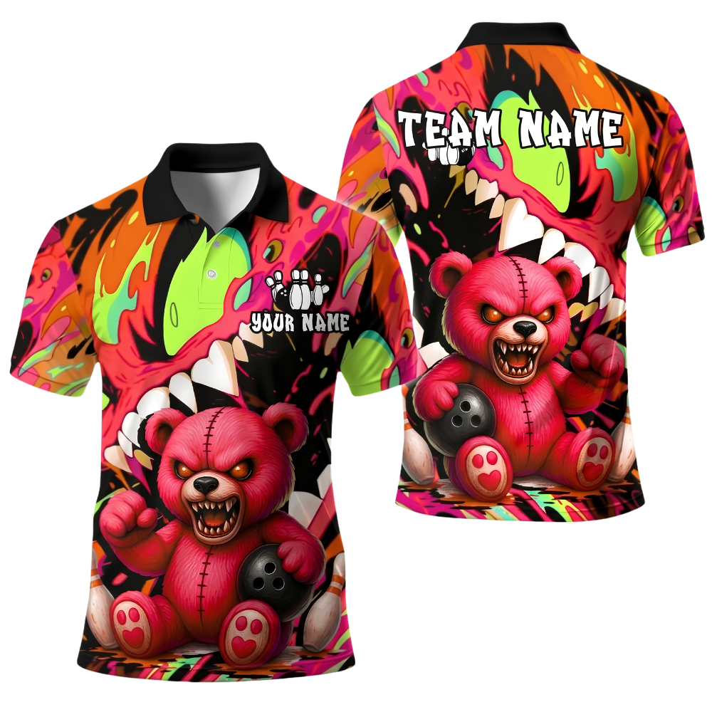 Custom Angry Teddy Bear Mens Bowling Polo Shirt, Custom Bear Team Bowling Shirt BE0262