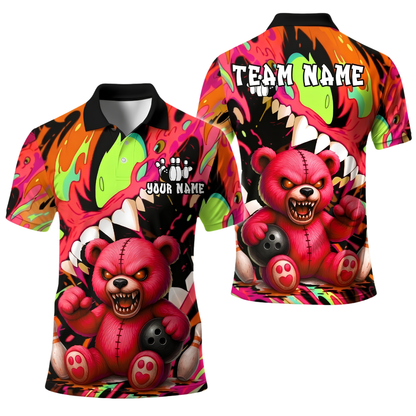 Custom Angry Teddy Bear Mens Bowling Polo Shirt, Custom Bear Team Bowling Shirt BE0262