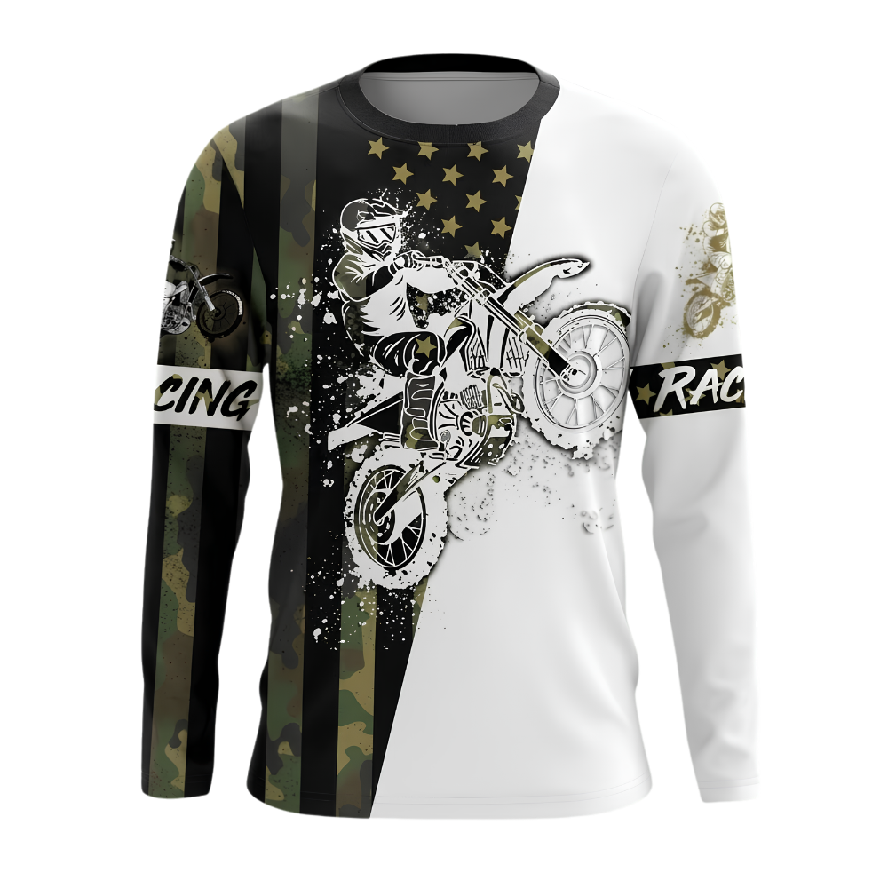 Custom Camouflage American Flag Motocross Long Sleeve Racing Jersey For Men, Custom Camo Patriotic Dirt Bike Shirts MZ0131
