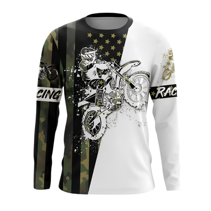 Custom Camouflage American Flag Motocross Long Sleeve Racing Jersey For Men, Custom Camo Patriotic Dirt Bike Shirts MZ0131
