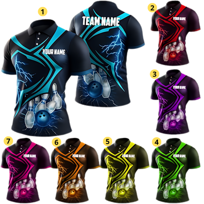 Custom Thunder Mens Bowling Polo Shirt Black Blue, Custom Thunder Bowling Shirt For Team BZ0976
