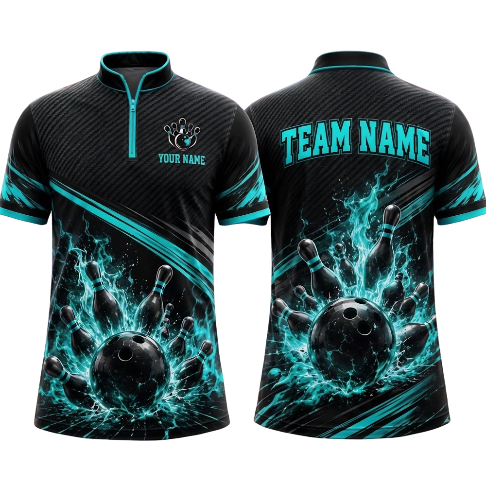 Custom Flame Men's Blue Lighting Bowling Jersey, Custom Flame Bowling Shirt For Team BE0257