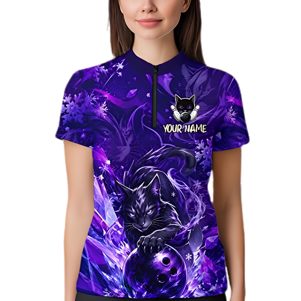 Custom Cat Women's Purple Bowling Jersey, Custom Cat Bowling Team Shirt Women BZ0882