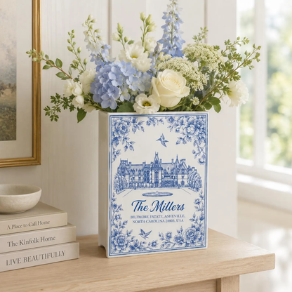 Custom Photo Wedding Venue Toile De Jouy Ceramic Book Vase, Custom Wedding Destination Book Vase With Picture WD0646