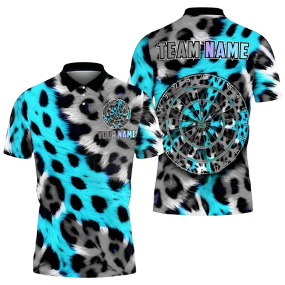 Custom Leopard Neon Cyan Pink Dart Polo Shirt Men, Custom Leopard Darts Team Shirt DZ0134