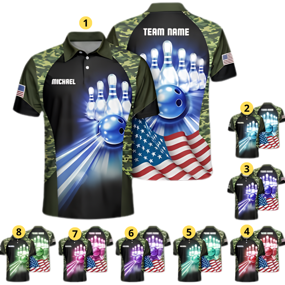 Custom Camo American Flag Bowling Polo Shirt For Men, Custom Camo Bowling Team Shirt BZ0975