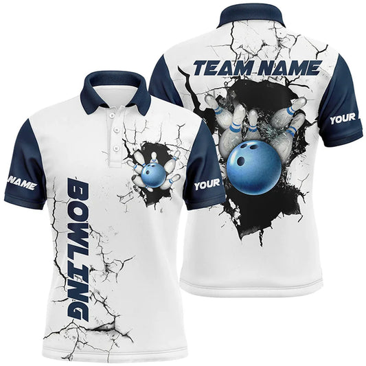 Custom Cracked Ball Mens Bowling Team Polo Shirt, Navy And White Custom Bowling Shirts BZ0711