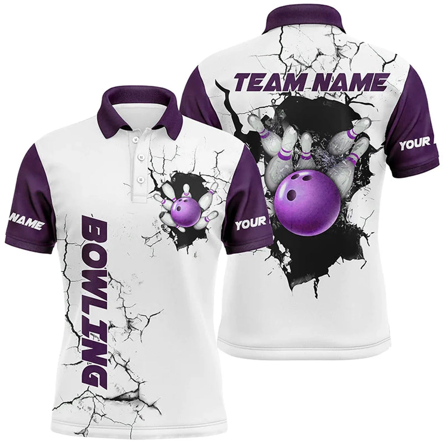 Custom Cracked Ball Mens Bowling Team Polo Shirt, Navy And White Custom Bowling Shirts BZ0711