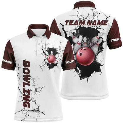 Custom Cracked Ball Mens Bowling Team Polo Shirt, Navy And White Custom Bowling Shirts BZ0711