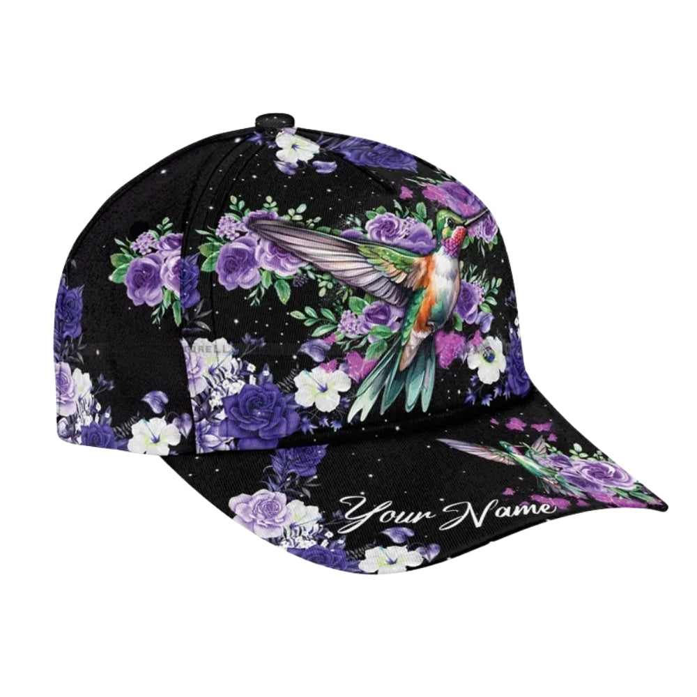 Custom Hummingbird Purple Flower 3D Baseball Cap, Custom Hummingbird Floral Hats Caps CP0164