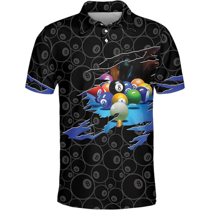 Custom Black Grunge 8 Ball Billiard Polo Shirt Mens, Custom Pool Billiard Shirts BIZ0213