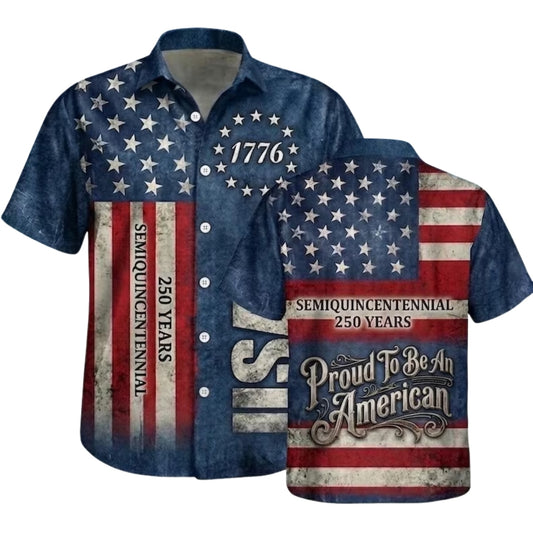 250 Years Semiquincentennial Proud To Be An American USA Flag Navy Hawaiian Shirts, 4th Of July Hawaiian Shirts HE0323