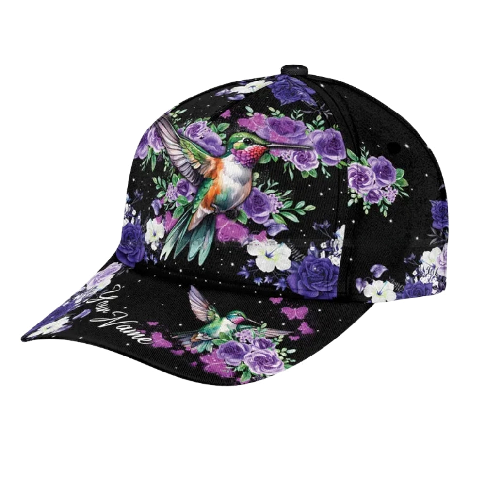 Custom Hummingbird Purple Flower 3D Baseball Cap, Custom Hummingbird Floral Hats Caps CP0164