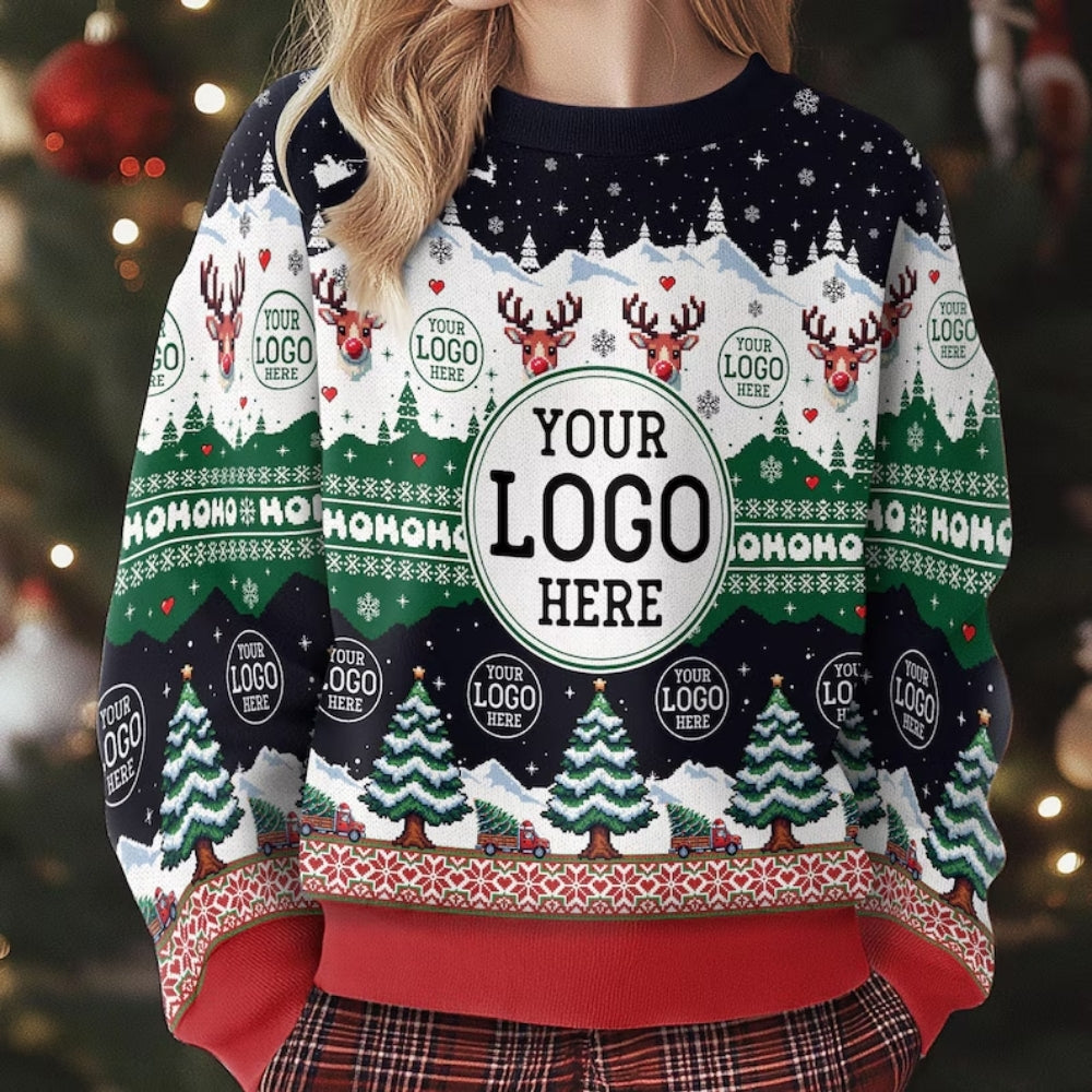 Custom Logo Company Ugly Christmas Sweatshirt Blue, Custom Logo Christmas Sweatshirt 2D1063