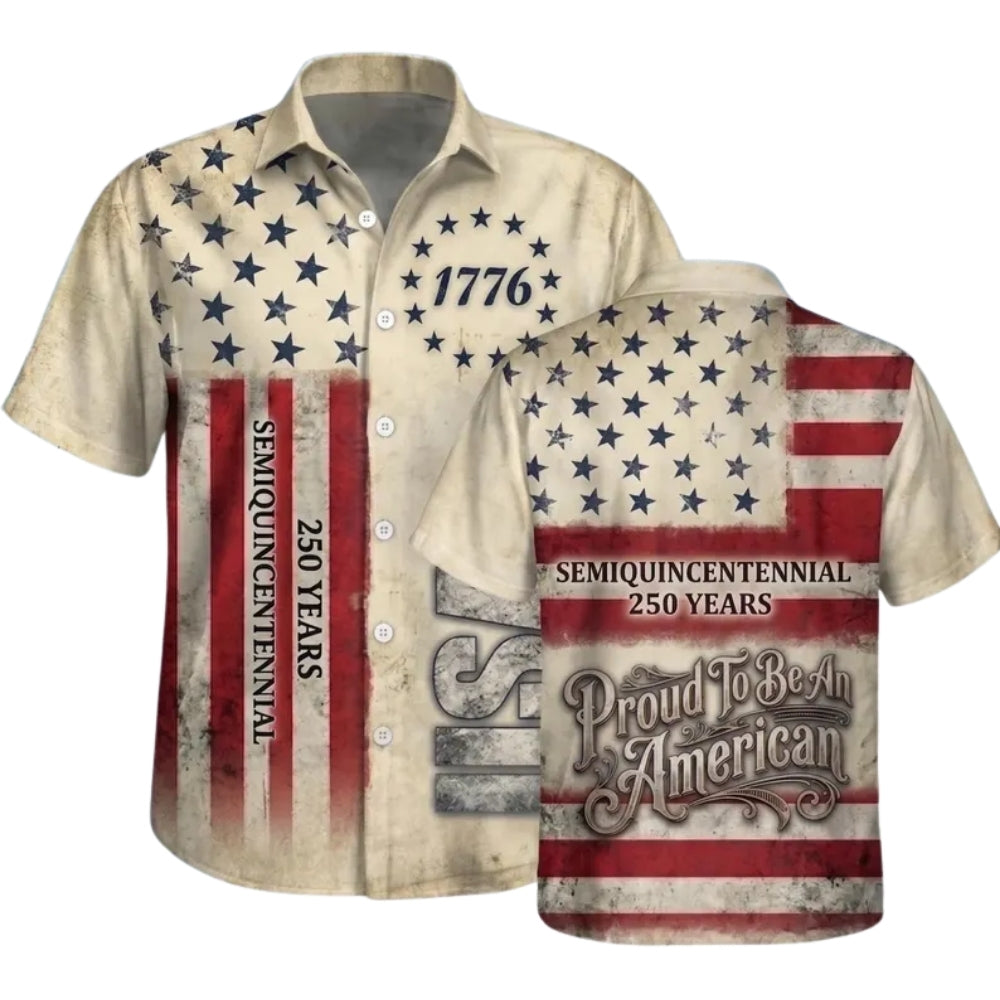 250 Years Semiquincentennial Proud To Be An American USA Flag Navy Hawaiian Shirts, 4th Of July Hawaiian Shirts HE0323