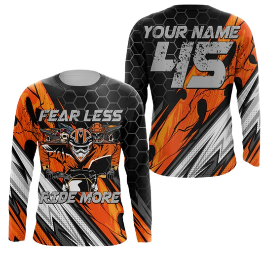 Fear Less Ride More Custom Motocross Long Sleeve Jersey For Men, Custom Black And Orange Dirt Bike Shirts MZ0001