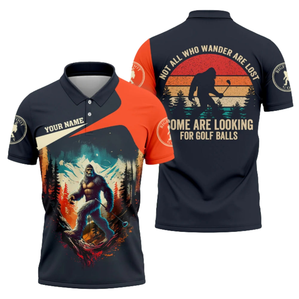 Not All Who Wander Are Lost Some Are Looking For Golf Balls Custom Sasquatch Retro Golf Polo Shirt Men, Custom Bigfoot Funny Golf Shirts GZ0231