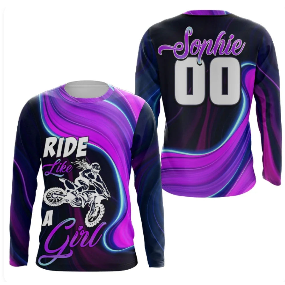 Ride Like A Girl Custom Motocross Long Sleeve Jersey Shirt, Custom Black And Purple Motocross Shirt For Ladies MZ0002