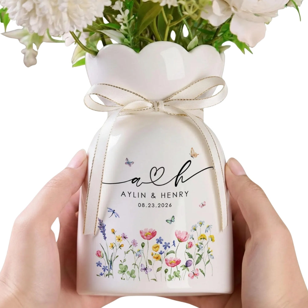 Custom Flower Wedding Flower Vase, Personalized New Engaged Newlyweds Wedding Vase WD0064
