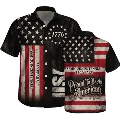 250 Years Semiquincentennial Proud To Be An American USA Flag Navy Hawaiian Shirts, 4th Of July Hawaiian Shirts HE0323