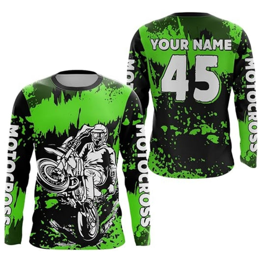 Custom Rider Motocross Black Green Long Sleeve Jersey For Men, Custom Motocross Shirts MZ0053