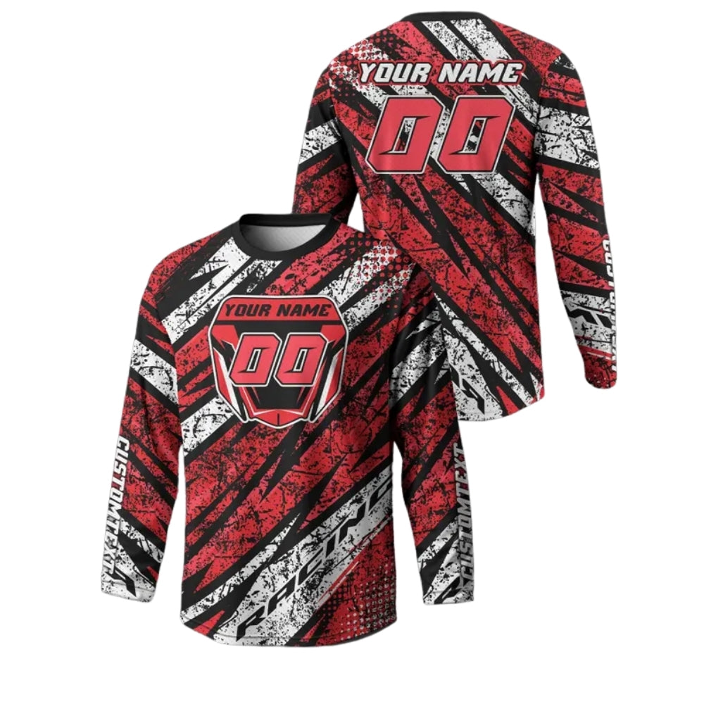 Custom Grunge Red Black Dirt Bike Long Sleeve Jersey For Men, Custom Name And Number Dirt Bike Shirts ME0011