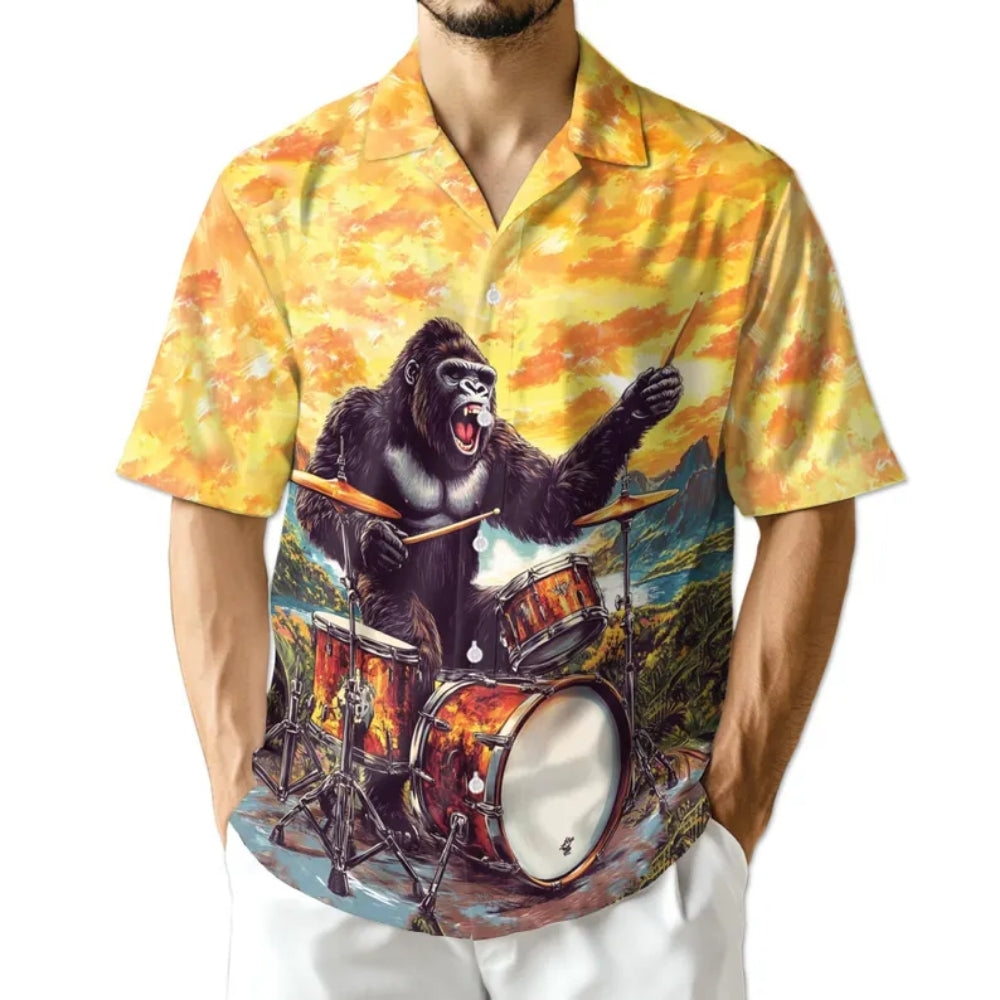 Gorilla Plays Drum Hawaiian Shirt Mens, Gorilla Lover Hawaiian Shirts HE0134