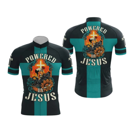 Powered By Jesus Black And Cyan Cycling Short Sleeve Men's Jersey, Christian Cycling Jerseys CG0529