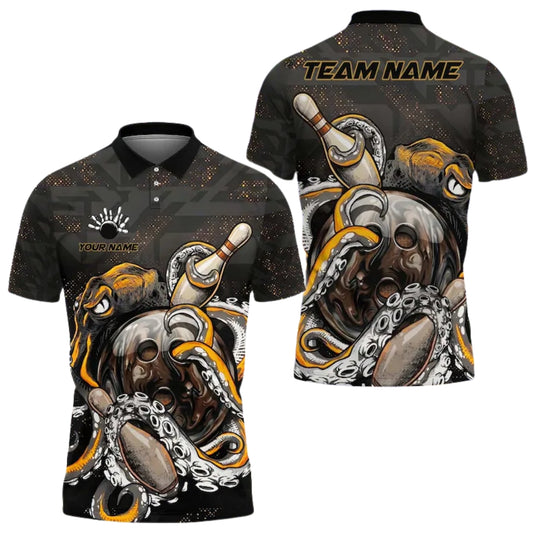Custom Octopus Black And Gold Bowling Polo Shirt Mens, Custom Octopus Bowling Team Shirts BE0163