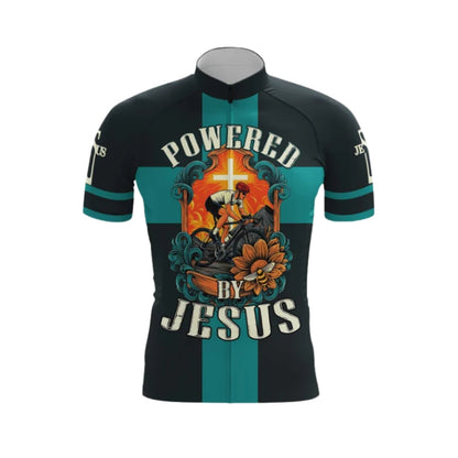 Powered By Jesus Black And Cyan Cycling Short Sleeve Men's Jersey, Christian Cycling Jerseys CG0529