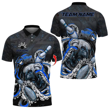 Custom Octopus Black And Gold Bowling Polo Shirt Mens, Custom Octopus Bowling Team Shirts BE0163