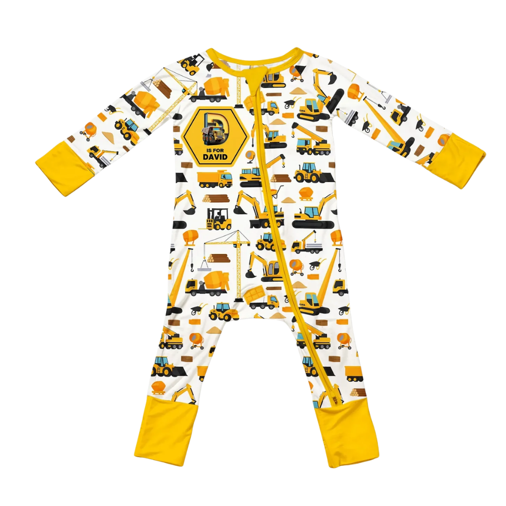Personalized Excavator Baby Convertible Zippy Romper, Custom Construction Baby Romper Convertible BB0657