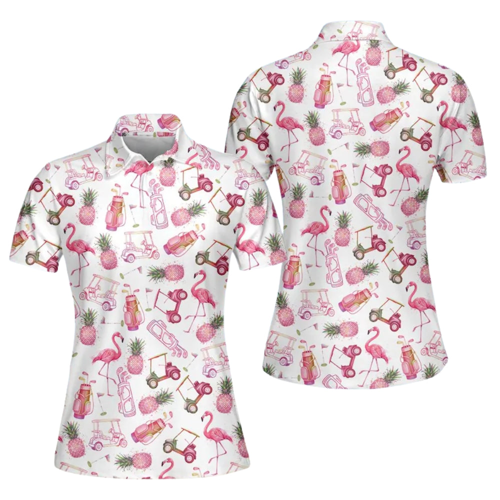 Flamingo Pineapple Women's Golf Polo Shirt, Flamingo Golf Shirt For Ladies GE0367